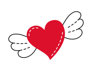 Red Heart with wings doodle style Hand drawn trendy flat style love isolated icon Romantic symbol of love for web graphic design poster tattoo Valentines Day Greeting card line art Vector illustration