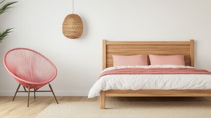 A modern, minimalistic bedroom featuring a wooden bed, pink accents, and stylish decor.