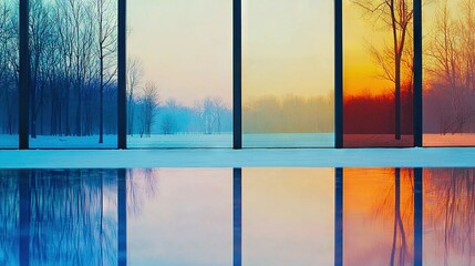   The reflection of trees in water is visible through a building's windows, which also reflects the trees in the water