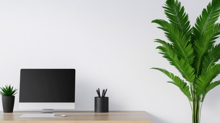 Fototapeta premium A modern workspace featuring a computer and lush green plants for a refreshing vibe.