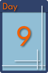 Calendar with days of the year, blue, orange and white, day 9.	