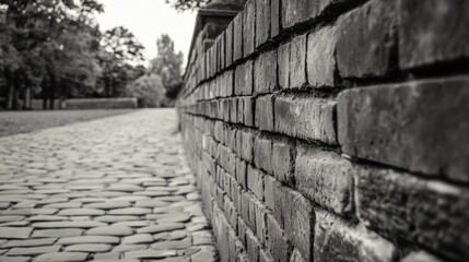 Cobblestone path beside brick wall, park background, travel imagery