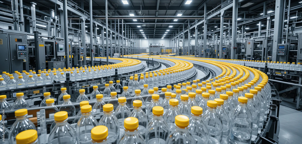 Aufkleber bottles with yellow caps move along a conveyor belt in a spacious factory. automated machines operat