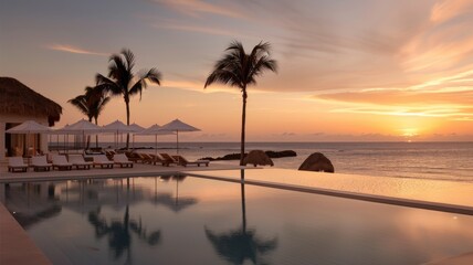 Hotel luxury outdoor swimming pool. Paradise. Tourism. Travel. Relaxation. Calmness. Vacation.	
