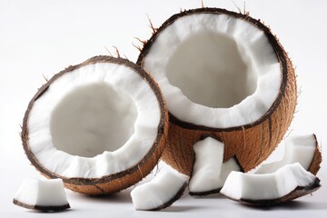 Fresh coconut halves with brown skin and white meat, perfect for decoration or use in tropical theme