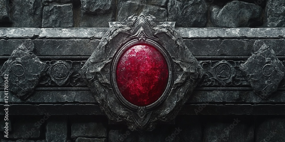 Poster intricate stonework featuring a large red gem against dark textured background