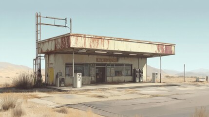 Deserted gas station in desert landscape, road trip backdrop