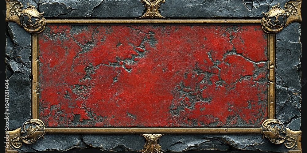 Poster ornate frame with cracked red surface and intricate gold detailing displayed in an artistic setting