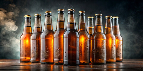 Rows of condensation-covered amber bottles of craft beer are displayed on a rustic wooden surface, illuminated by soft light and surrounded by a smoky atmosphere