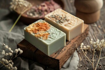 Two bars of handmade soap are laying on a piece of wood, presenting an organic skin care routine