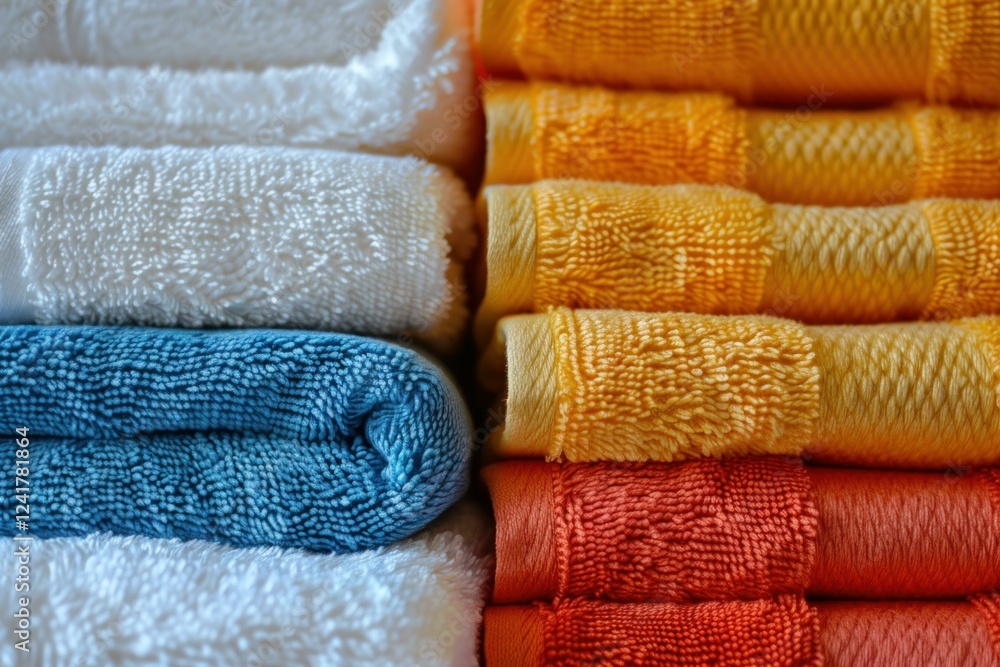 Poster many soft towels folded and stacked on top of each other, creating a colorful and relaxing atmospher