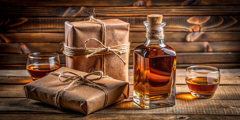 A rustic setting showcases a glass bottle of liquor beside two elegantly wrapped gift packages, illuminated by warm lighting that enhances the cozy atmosphere