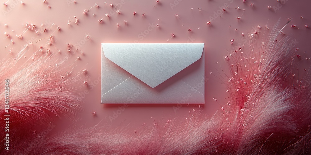 Aufkleber creative display of a white envelope on a pink background with decorative elements surrounding it
