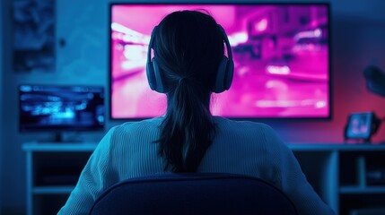 Naklejka premium Immersive gaming experience home setup digital media modern environment rear view technology impact