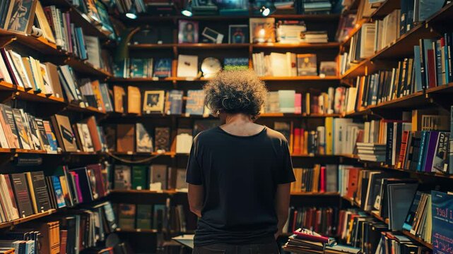A calm man in minimalist clothes looks at the shelves of books in a cozy store. Life in a library, bookstore.