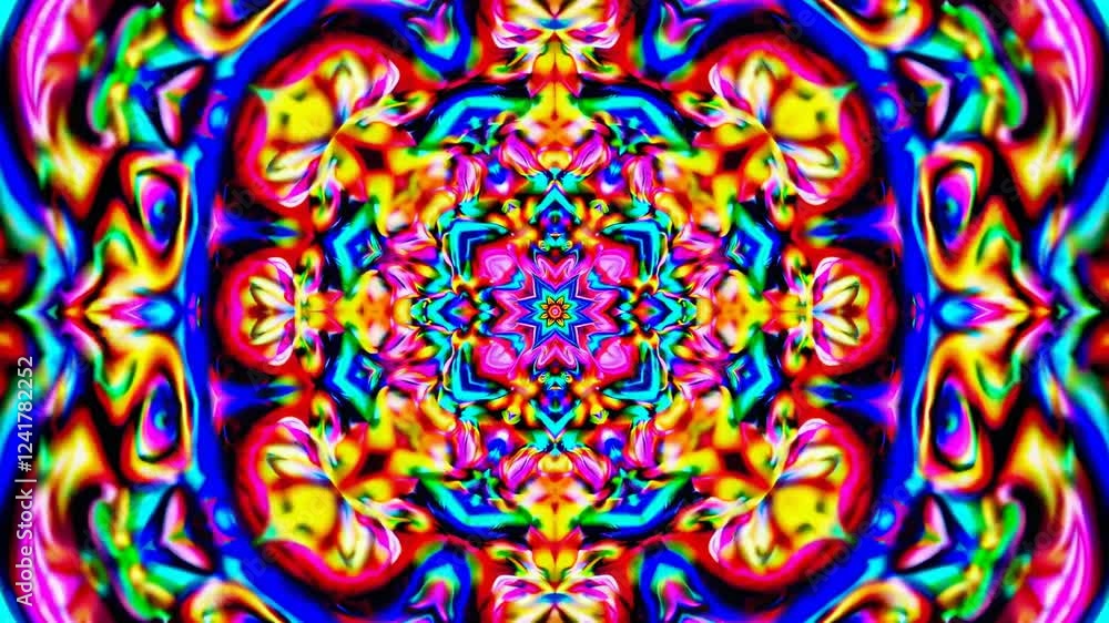 Poster vibrant and swirling colors merge in a kaleidoscopic mandala pattern, creating a mesmerizing visual 