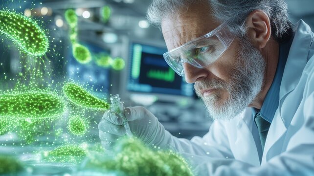 A cientist in a laboratory analyzes a green liquid. Generative AI