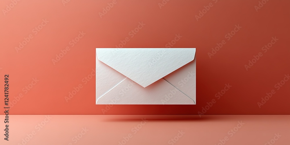Poster envelope floating against a simple coral backdrop in a modern design setting