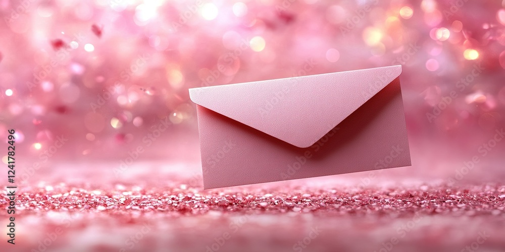 Poster Pink envelope floating above sparkling background with blurred bokeh lights in soft focus during daytime