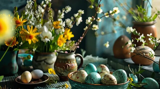 Easter eggs painted in soft colors in a blue bowl against a blurred background of a bright room, festively decorated with spring flowers.