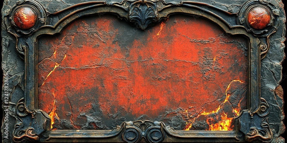 Poster Intricate ornate frame with fiery red background and textured surface in a dark setting