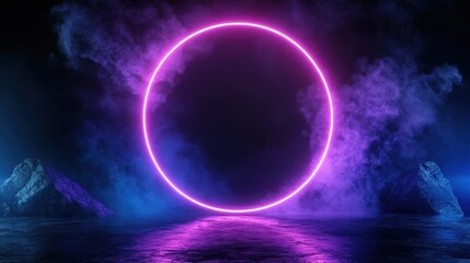 Fototapeta premium A neon circle illuminated in vibrant pink light amidst a smoky backdrop.