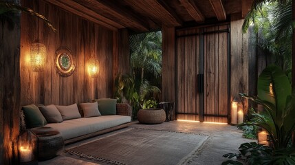 The peaceful backyard is enhanced by a stylish, modern composite privacy fence with horizontal planks and a calming, earthy color palette