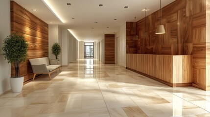 The reception area of a modern medical clinic, adorned with a desk, chair, and empty seating in the waiting area, projects cleanliness and professional care