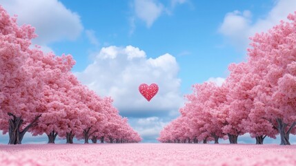 A serene landscape featuring blooming cherry trees under a blue sky with a floating heart.