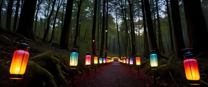 A stunning display of colorful lanterns lighting up a forest path inviting serenity