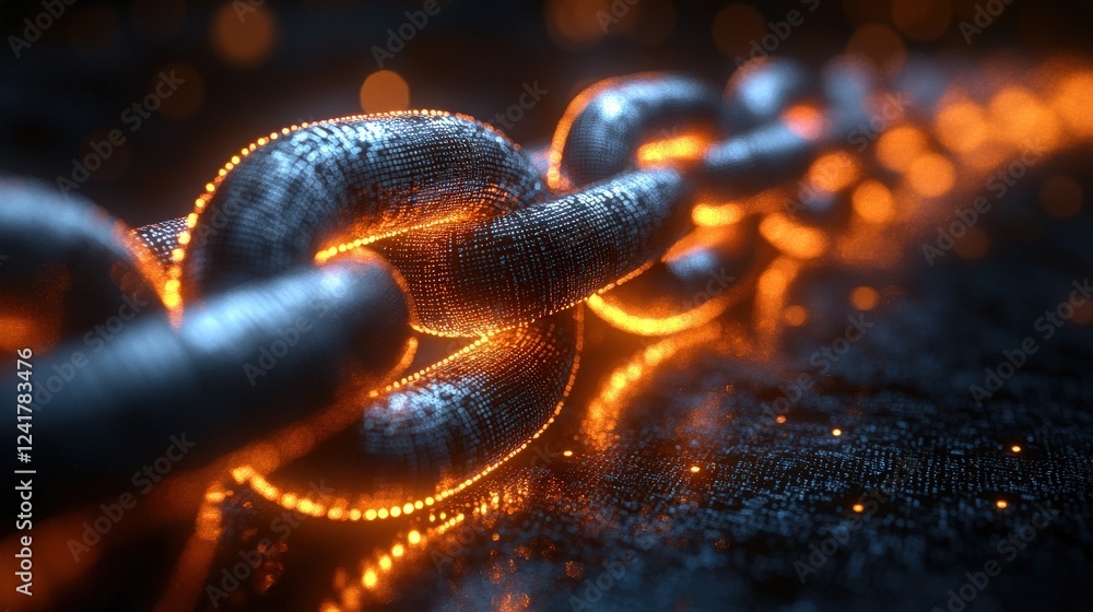 Poster close-up view of glowing metallic chain links on a textured surface with bokeh background effects
