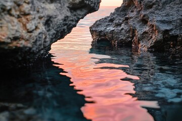 Water's edge with rocks and calm surface