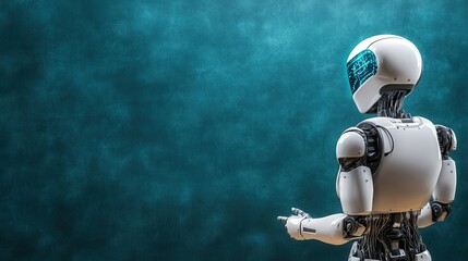 A futuristic robot standing against a blue textured background, symbolizing innovation.