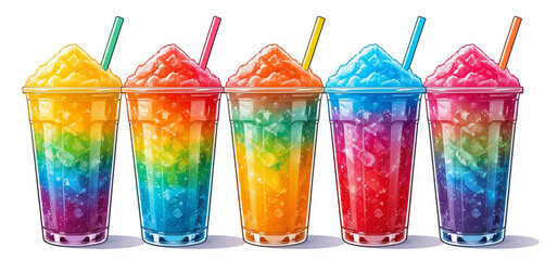 Brightly colored slush drinks are displayed in clear cups filled with ice. The vibrant rainbow gradient attracts attention, making them perfect for a summer gathering