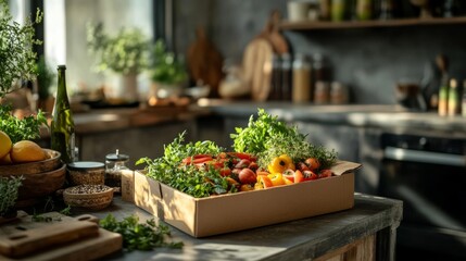 Obraz premium Healthy meal ingredients are meticulously prepared and displayed on a clean countertop within a modern kitchen, with a stylish meal kit box and cooking utensils in place