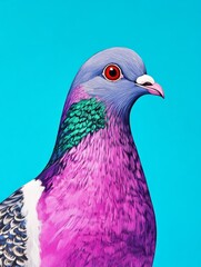 Fototapeta premium Vibrant Pink Pigeon Portrait - Close-up profile of a vibrant pink pigeon against a bright blue background. Detailed plumage is visible.