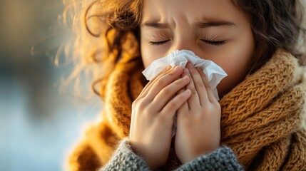 A young child is blowing her nose using a tissue, a common everyday moment