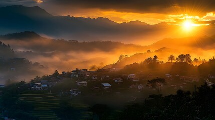 Fototapeta premium The most beautiful sunset over the rice terraces 