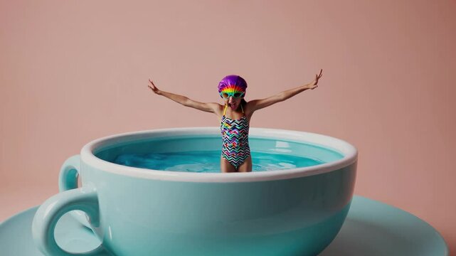Young girl wearing a swimsuit and goggles enjoys a refreshing swim in a giant teacup filled with water, creating a surreal and playful scene against a peach backdrop