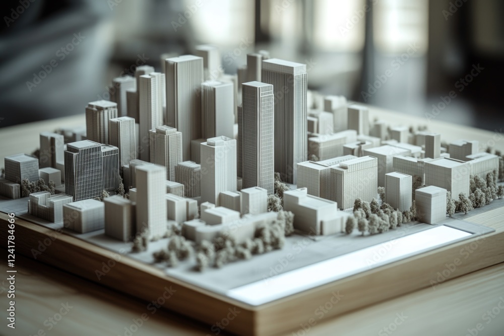 Poster a scale model of a city displayed on a table