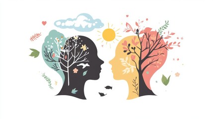 A modern take on psychology concepts, highlighting mental health, depression, seasonal affective disorder, and sleep disturbances, alongside philosophy and psychiatry