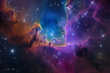 A breathtaking cosmic spectacle featuring a vast, colorful space galaxy cloud nebula illuminated by radiant starlight. Swirling clouds of deep purples, electric blues, fiery oranges