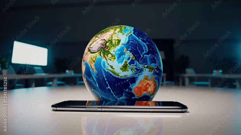 Poster holographic projection of planet earth floating over a smartphone on a table in a modern conference 