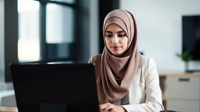 Attractive middle eastern businesswoman woman posing at her work place sitting at her desk using a computer	
