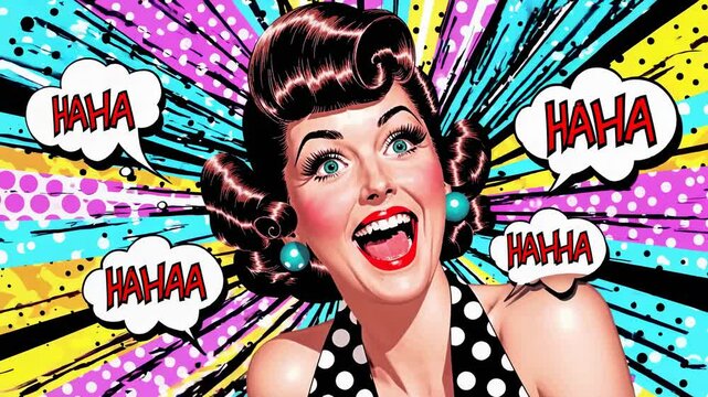 Vibrant pop art illustration featuring a beautiful woman laughing joyfully, surrounded by colorful speech bubbles filled with haha against a lively backdrop of dots and stripes