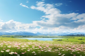 Scenic landscape showcasing vibrant wildflowers in a meadow, a serene lake, and snow capped mountains under a picturesque cloudy sky