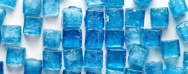 Blue sugar cubes scattered on white background
