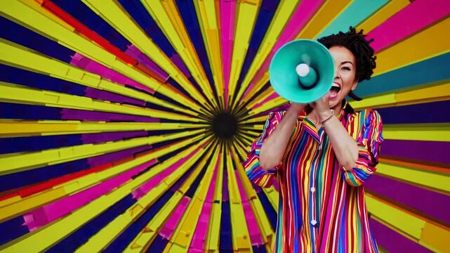 Young woman wearing vibrant, colorful clothing passionately shouting into a megaphone against a dynamic radial background, radiating energy and excitement in every direction