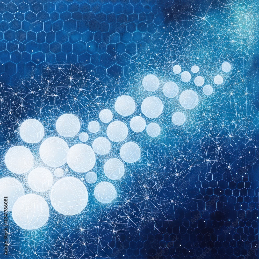 Poster abstract blue shapes and connecting lines on a dark background, used for tech or science