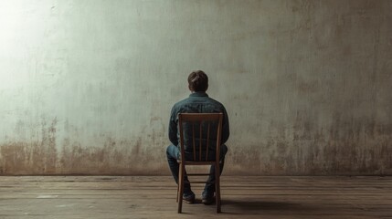 Obraz premium Man sits alone, facing wall, wooden floor, room